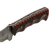 Damascus Knives Magma Hunter (DM1330) 4.5" Damascus Drop Point Plain Blade, Black and Red Grooved Micarta Handle, Brown Leather Belt Sheath