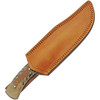 Damascus Knives Pine Ranch Hunter (DM1328) 5" Damascus Clip Point Plain Blade, Brown Acrylic Handle, Brown Leather Belt Sheath