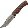 Damascus Knives Magma Hunter (DM1326) 4.75" Damascus Clip Point Plain Blade, Black and Red Sculpted Micarta Handle, Brown Leather Belt Sheath
