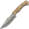 Damascus Knives Snowpeak Hunter (DM1316) 5" Damascus Drop Point Plain Blade, Brown and Tan Acrylic Handle, Brown Leather Belt Sheath