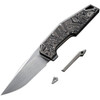 We Knife OAO (WE230011) 3.4" CPM-20CV Hand Rubbed Satin Clip Point Plain Blade, Gray/Black/White Titanium Handle with Aluminum Foil Carbon Fiber Inlay