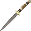 Damascus Knives Commando Dagger (DM1031) 7.75" Damascus Double Edged Dagger Plain Blade, Stag Bone Handle with Brass Guard and Pommel, Black Leather Belt Sheath