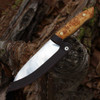 Helle Dele (HE800) 6.30" 12C27 Satin Drop Point Plain Blade, Curly Birch Wood Handle with Vulcanized Fiber Liners, Brown Leather Sheath