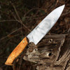 Helle Dele (HE800) 6.30" 12C27 Satin Drop Point Plain Blade, Curly Birch Wood Handle with Vulcanized Fiber Liners, Brown Leather Sheath