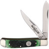 Queen Cutlery Mini Trapper (QGPSB07) 1095 Carbon Steel Mirror Finished Clip and Spey Blades, Green Jigged Bone Handle with Nickel Silver Bolsters