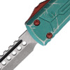 Microtech UTX-70 Hellhound Bounty Hunter OTF (MCT41910BH) 2.40" Premium Steel Stonewashed Tanto Plain Blade, Distressed Teal and Red Aluminum Handle