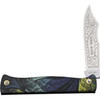 Douk-Douk 815GMI (DD815GMIPAON) 3.25" Sandvik 14C28N Satin Clip Point Plain Blade, Burnished Folded Metal with Peacock Feather Sublimation