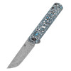 Kansept Knives Foosa (K2020T2) 3.06" Damascus Tanto Plain Blade, Blue/White Carbon Fiber Handle