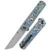 Kansept Knives Foosa (K2020T2) 3.06" Damascus Tanto Plain Blade, Blue/White Carbon Fiber Handle