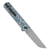 Kansept Knives Foosa (K2020T2) 3.06" Damascus Tanto Plain Blade, Blue/White Carbon Fiber Handle