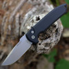 Pro-Tech Rockeye (LG301) 3.4" CPM-S35VN Stonewashed Drop Point Plain Blade, Black Aluminum Handle with Push Button Open