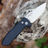 Pro-Tech Short Blade Rockeye (SBR) LEFT HANDED (LG401-LH) 2.5" CPM-S35VN Stonewashed/Satin Clip Point Plain Blade, Smooth Black Aluminum Handle with Push Button Open