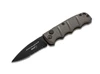 Boker Plus KALS Mini 01KALS96 automatic knife profile view showing black D2 serrated blade and gray aluminum handle.