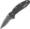 Kershaw Chive 1600DAMCKT assisted knife showing the 2-inch Damascus drop point blade and black aluminum handle.