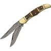Damascus Knives Filework Folding Hunter (DM1041) 3.5" Damascus Clip Point and Skinning Plain Blades, Stag and Buckhorn Handle w/ Brass Tone Bolsters, Brown Leather Belt Sheath