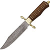 Damascus Knives Brass Pin Bowie (DM1058) 7.5" Damascus Clip Point Plain Blade, Brown Wood Handle w/ Brass Guard and Pommel, Leather Sheath