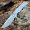 Pro-Tech 2024 Mordax Cutom 002 Button Lock Flipper Knife (2024 Mordax Custom 002) - 3.62" Stonewash CPM-MagnaCut Plain Blade, 17-4 Stainless Steel GridlockHandle, Black Pearl Button,