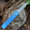 Pro-Tech Godfather Automatic LEFT HANDED (926-LHAWBW) 4" 154CM Acidwash Stiletto Blade, Battleworn Blue Jigged Aluminum Handle, Push Button, Blasted Hardware, Blasted Wide Deep Carry Pocket Clip