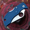 Spyderco Manbug MPCBL cobalt blue FRN handle open view showing CPM SPY27 satin plain blade