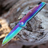 Kershaw Misdirect Flipper Knife (1365RBW) 3.0" 4Cr14 Rainbow PVD Coted Reverse Tanto Plain Blade, Rainbow Stainless Steel Handle