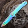 Kershaw Outcome 2044RBW assisted opening knife open view showing the 2.80-inch rainbow PVD blade and matching rainbow handle.