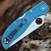 Spyderco Stretch 2 XL C258FPK390 blue FRN handle open view showing K390 satin plain blade and back lock