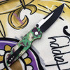 Knifeworks Exclusive Pro-Tech Intergrity Thumb Stud Manual Button Lock (KW.INT.1 2-TONE)  3.5" CPM-S35VN 2 Tone Drop Point Blade, Mardi Gras Camo Aluminum Handle with Black Lip Pearl Button, Deep Carry Pocket Clip
