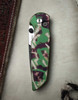 Knifeworks Exclusive Pro-Tech Intergrity Thumb Stud Manual Button Lock (KW.INT.1 2-TONE)  3.5" CPM-S35VN 2 Tone Drop Point Blade, Mardi Gras Camo Aluminum Handle with Black Lip Pearl Button, Deep Carry Pocket Clip