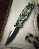 Knifeworks Exclusive Pro-Tech Intergrity Thumb Stud Manual Button Lock (KW.INT.1 2-TONE)  3.5" CPM-S35VN 2 Tone Drop Point Blade, Mardi Gras Camo Aluminum Handle with Black Lip Pearl Button, Deep Carry Pocket Clip