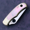 Spyderco Bug C133A nickel silver handle with genuine abalone inlays open view showing 12C27 satin blade