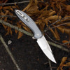 Pro-Tech 2025 Cambria 2 Custom 004 Button Lock (2025CambriaCustom005) 3.5"  Mike Irie Hand Polished Compound Ground Drop Point Plain Blade, Grey Aluminum Handle with TechnoCarbo Copper Inlay, Black Lip Pearl Button, Satin Hardware, Satin Pocket Clip, back open view