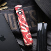 Pro-Tech Godfather, Italian Inspiration Automatic Knife - 4" Satin 154CM Stiletto Blade, Crimson Tiger Camo Aluminum Handle with Abalone Inlay Button, closed front view
