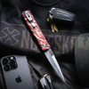 Pro-Tech Godfather, Italian Inspiration Automatic Knife - 4" Satin 154CM Stiletto Blade, Crimson Tiger Camo Aluminum Handle with Abalone Inlay Button, open back view