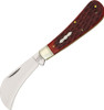 Rough Ryder RR305 Hawkbill Pruner folding knife with 3-inch 440 stainless steel blade and red jigged bone handle, ideal for pruning, gardening, and everyday carry.