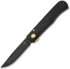 Boker Plus Rusticus Medium All Black 01BP0042 open, showing 2.95" black drop point blade and black wood handle with gold accents.