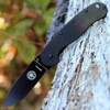 The ESEE Avispa (BRK1302CFB) shown with its 3.50-inch D2 drop point blade in a black finish and flat grind, black carbon fiber and G-10 handle with steel frame lock, and pocket clip for tip-up or tip-down carry.