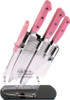 Hen & Rooster 7-Piece Kitchen Knife Block Set — Clear Plastic Block, Pink Handles