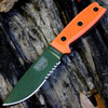 The ESEE-4 (ESEE-4S-OD) shown with its 4.50-inch 1095 part serrated drop point blade in an OD Green finish and tall flat grind, orange G-10 handle scales, and its injection-molded black polymer sheath.