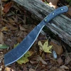 The ESEE El Deguello Machete (DEGUELLO) shown with its 12.75-inch 1075 carbon steel plain edge blade in a black finish, weight-forward design, black Micarta handle with brass-lined lanyard hole, and its included canvas sheath.