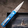 Pro-Tech Godson 721-SATIN Blue — 3.15" 154CM satin spear point, dark blue aluminum handle, button lock auto, USA made, back view