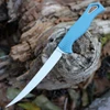 The Benchmade Fishcrafter (18030) shown with its 5.00-inch CPM MagnaCut trailing point blade in a satin finish and hollow grind, Depth Blue Santoprene rubber-overmolded handle, and its Sonar Gray injection molded polymer sheath. The tip sweeps above the centerline, concentrating the cutting edge in the belly for efficient fillet and skinning strokes.
