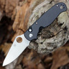 Spyderco Buttonup C275CFP carbon fiber G-10 laminate handle open view showing button lock and 8Cr13MoV satin clip point blade