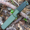 Morakniv Amberg (S) 14549, satin 12C27 stainless Scandi blade, military green handle, with green Click-On sheath