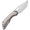 Artisan Mousebird gray titanium handle close-up, jimped spine, ceramic ball bearing pivot, liner lock
