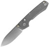 The Vosteed Raccoon TiSlim (A4506) is shown diagonally against a white background in the closed position, spine facing up. The stonewash gray CPM-S35VN drop point blade extends to the left. The full titanium handle displays acid wash gray finish with a distinctive crackle-cell pattern texture. Gold-toned hardware is visible at the pivot. The crossbar lock mechanism, a 3D-milled titanium tip-up pocket clip, and a lanyard hole are visible along the spine.