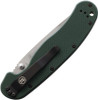 Ontario RAT 1 Linerlock ON8992 folding knife shown closed at a diagonal angle, displaying the tip of the closed blade and the forest green G10 handle with pocket clip against a white background.