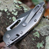 Microtech Mini Stitch RAM-LOK 169MRL-10MS1 spine view closed — stonewash slab side titanium handle, deep-carry titanium clip, bronze accent hardware