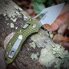 Microtech Mini Stitch RAM-LOK 169MRL-10FROD Bohler M390MK stonewash spear point blade close-up — "Bohler M390MK Made in U.S." ricasso stamp visible