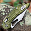 Microtech Mini Stitch RAM-LOK 169MRL-10FROD OD green frag pattern 6061-T6 aluminum handle — RAM-LOK mechanism, titanium clip, partially open blade