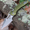 Microtech Mini Stitch RAM-LOK 169MRL-10FROD open — Bohler M390MK stonewash spear point blade, OD green frag pattern 6061-T6 aluminum handle